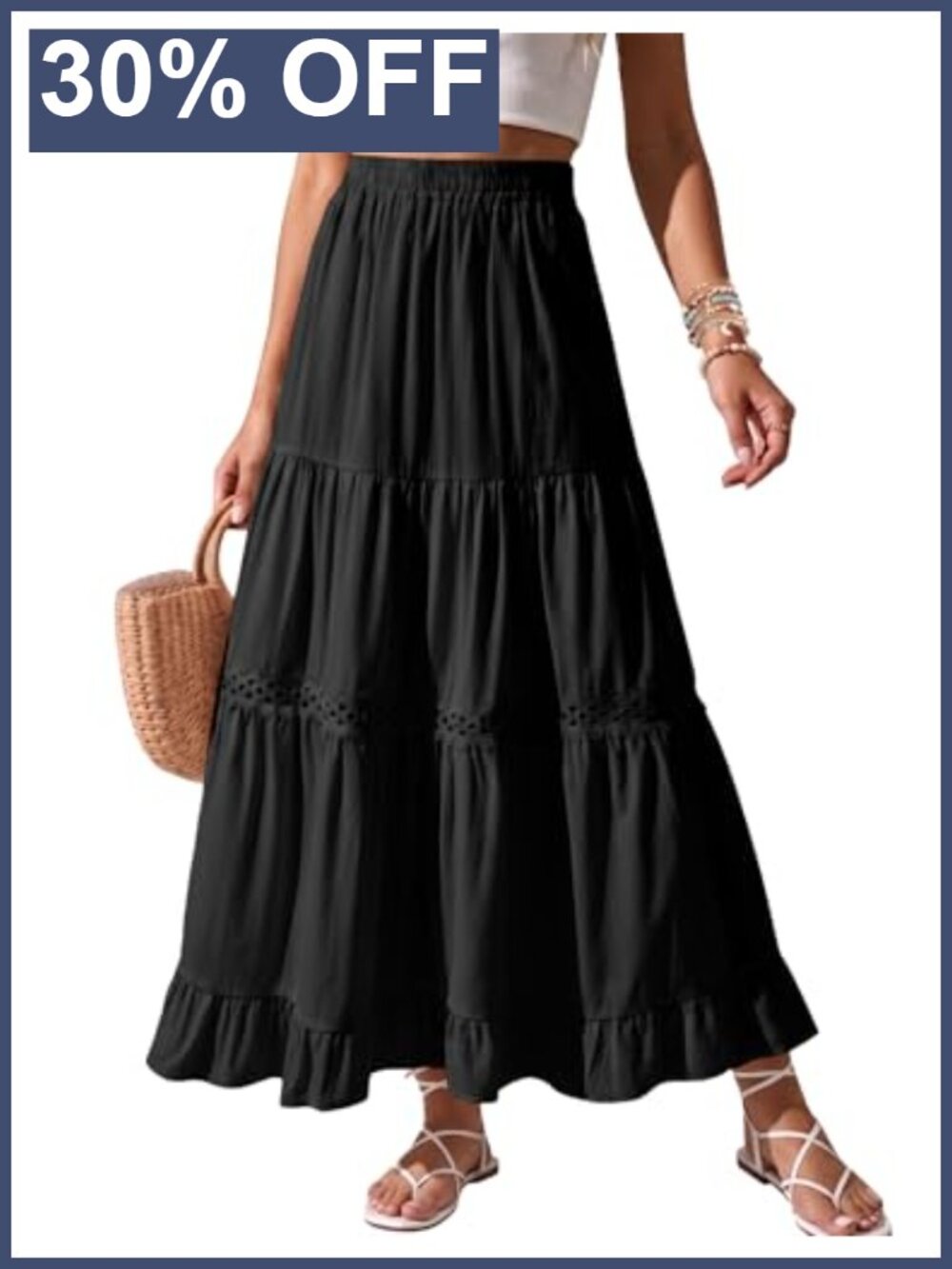 Cotton Maxi Skirt High Waisted Tiered A Line Ruffle Hem Boho Beach Vacation